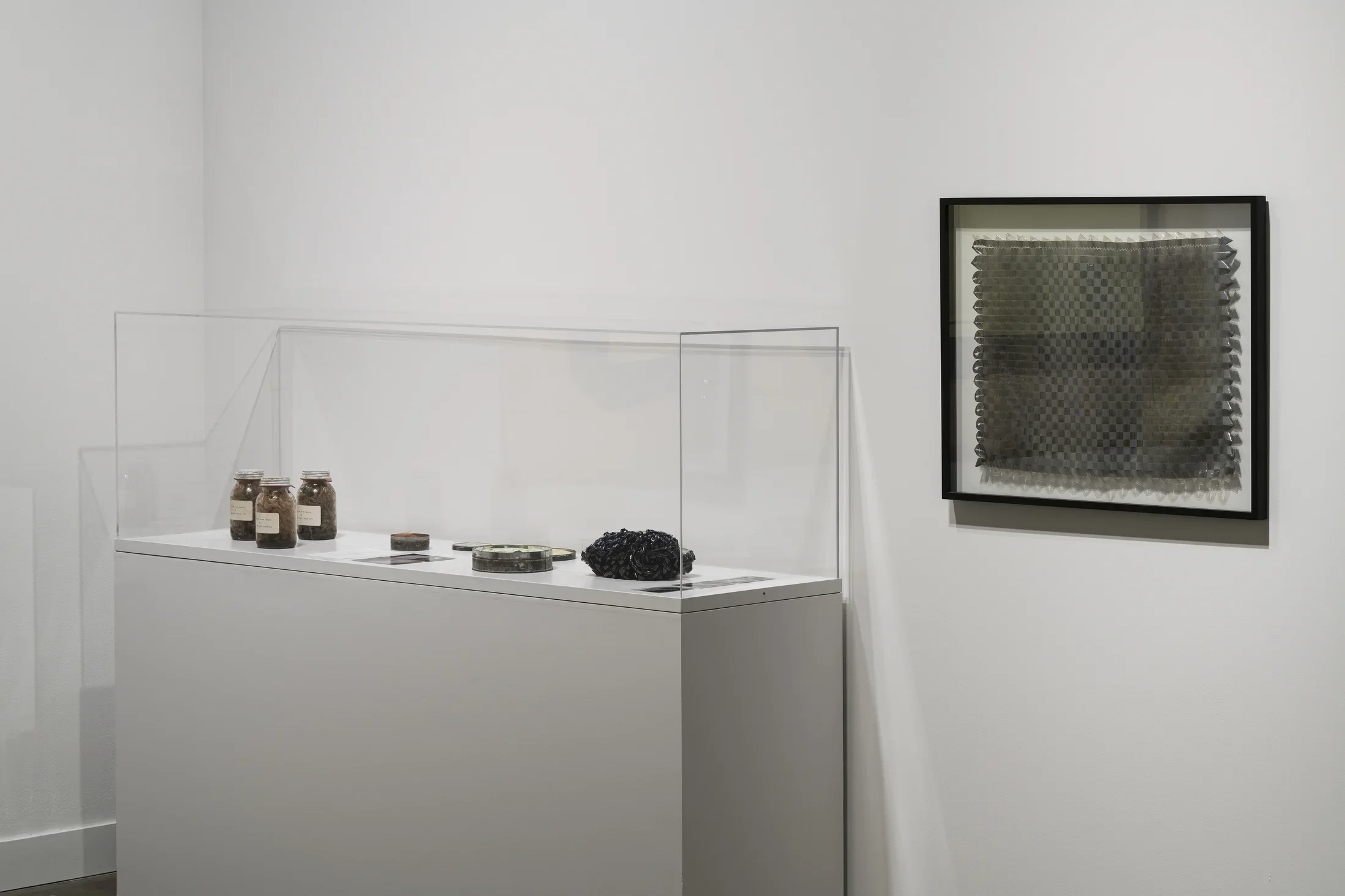 A number of objects, including 3 mason jars, are displayed in a glass vitrine. A framed object hangs to the right.