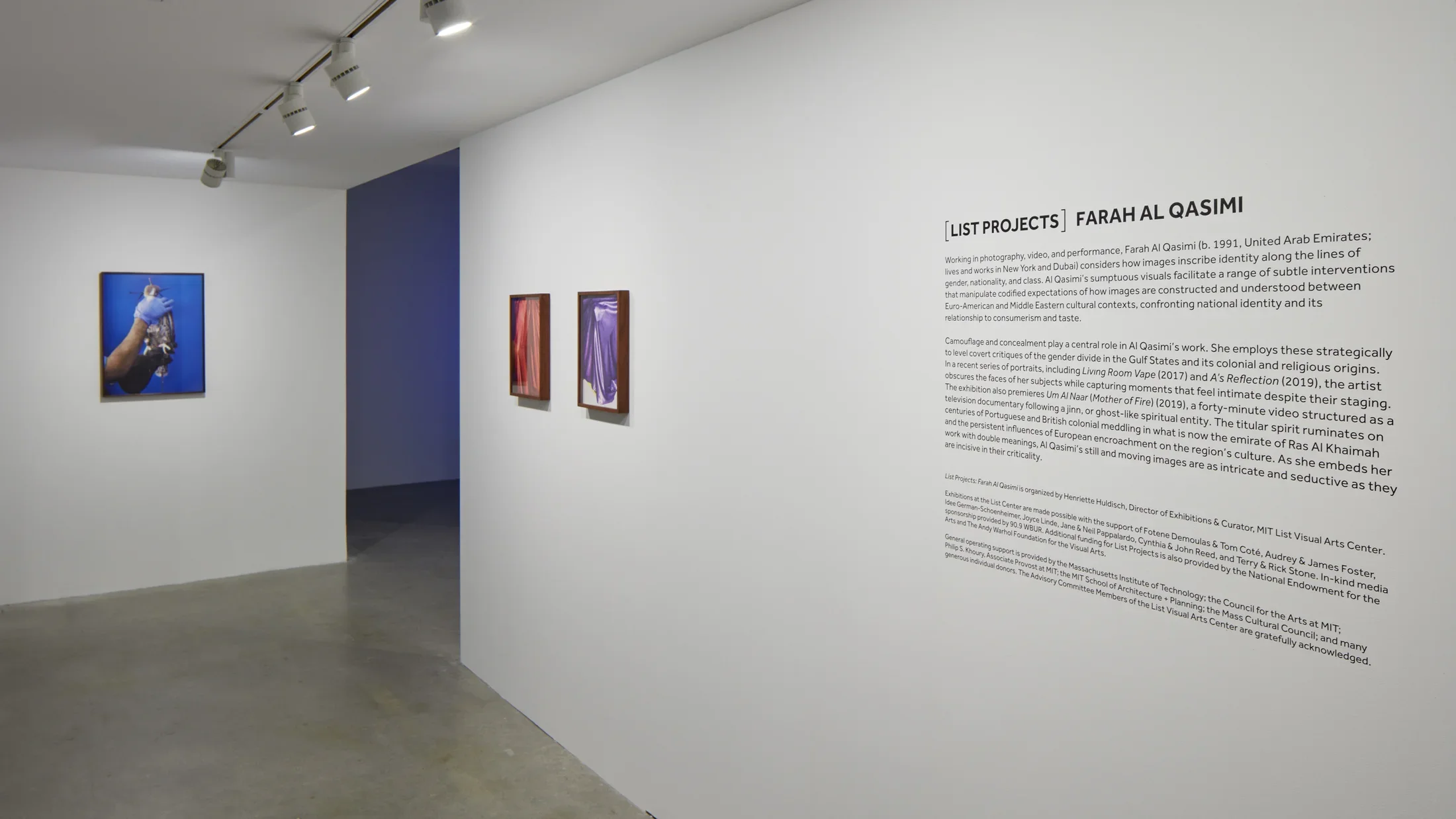 3 framed color photographs and wall text greet visitors at the exhibition entry gallery.