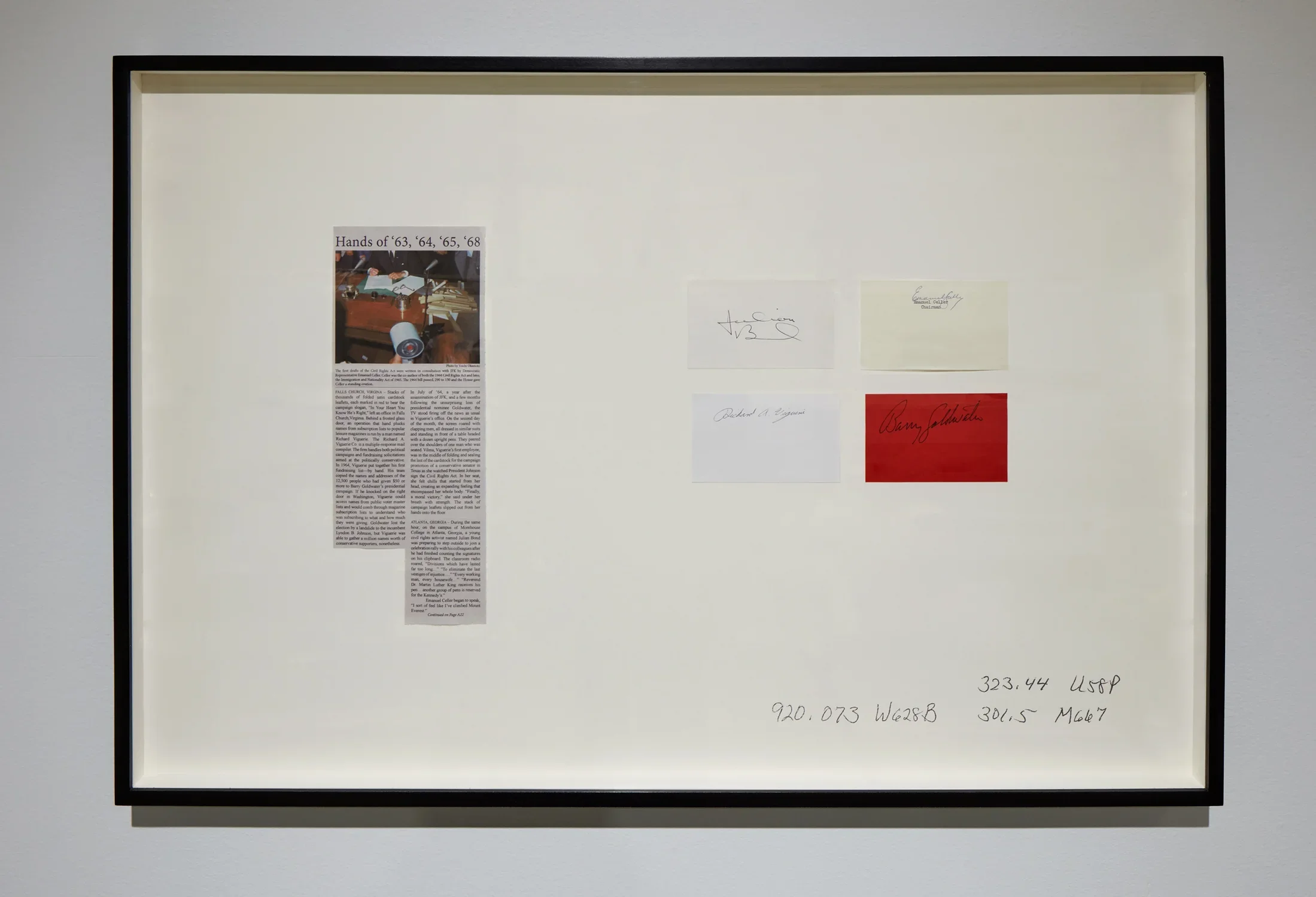 An artwork by Rose Salane features a newspaper clipping that reads "Hands of 63, 64, 65, 66" and four signatures on colored paper.