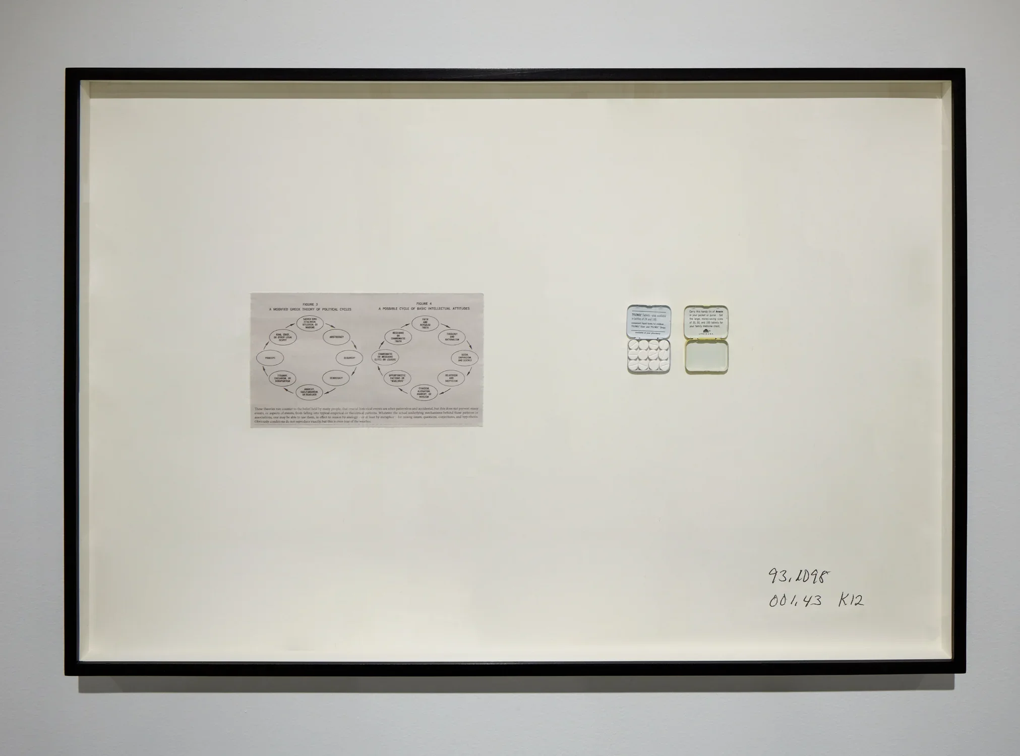 An artwork by Rose Salane features a diagram clipping of political cycles and a tin can with Tylenol pills.
