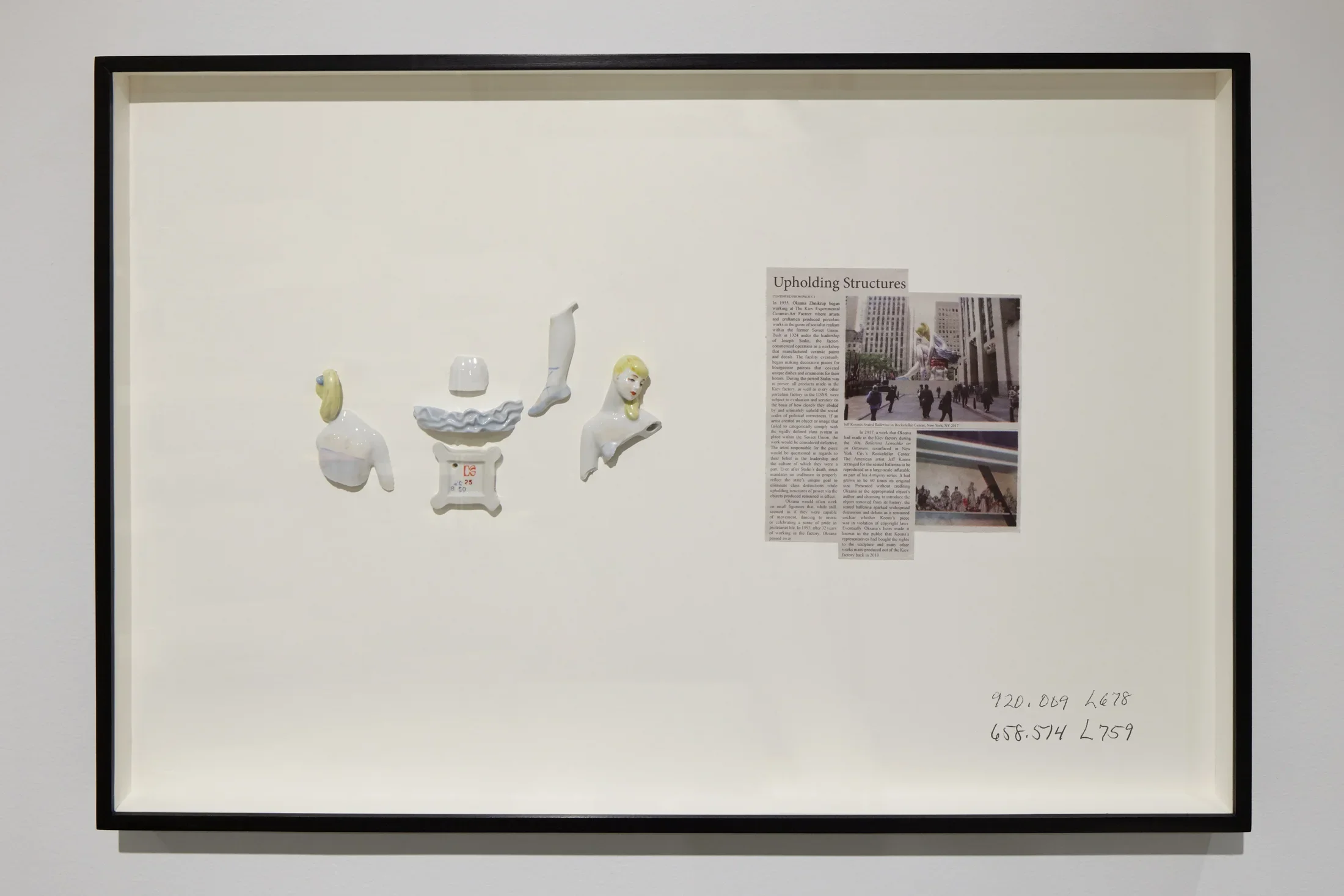 An artwork by Rose Salane features a newspaper clipping that reads "Upholding Structures" and ceramic pieces.