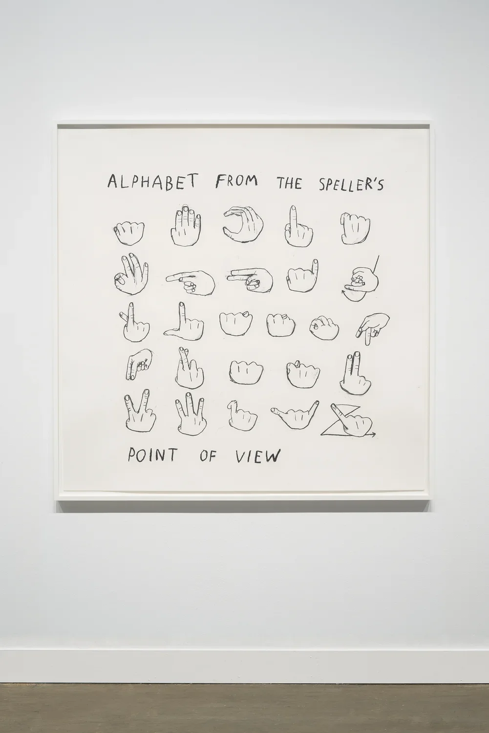 Framed black and white drawing of hands making the signs for “ALPHABET FROM THE SPELLER’S POINT OF VIEW” on a white wall.