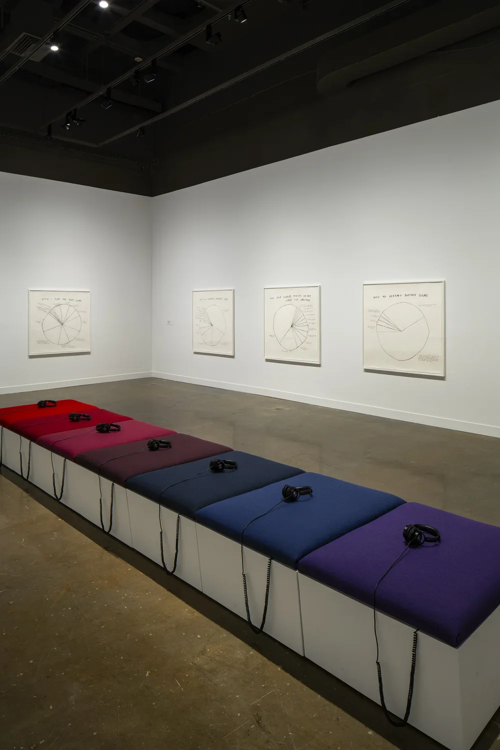 Bench with 7 cushions from purple to blues to reds and headphones sit in the foreground with 4 pie-chart drawings on 2 walls.