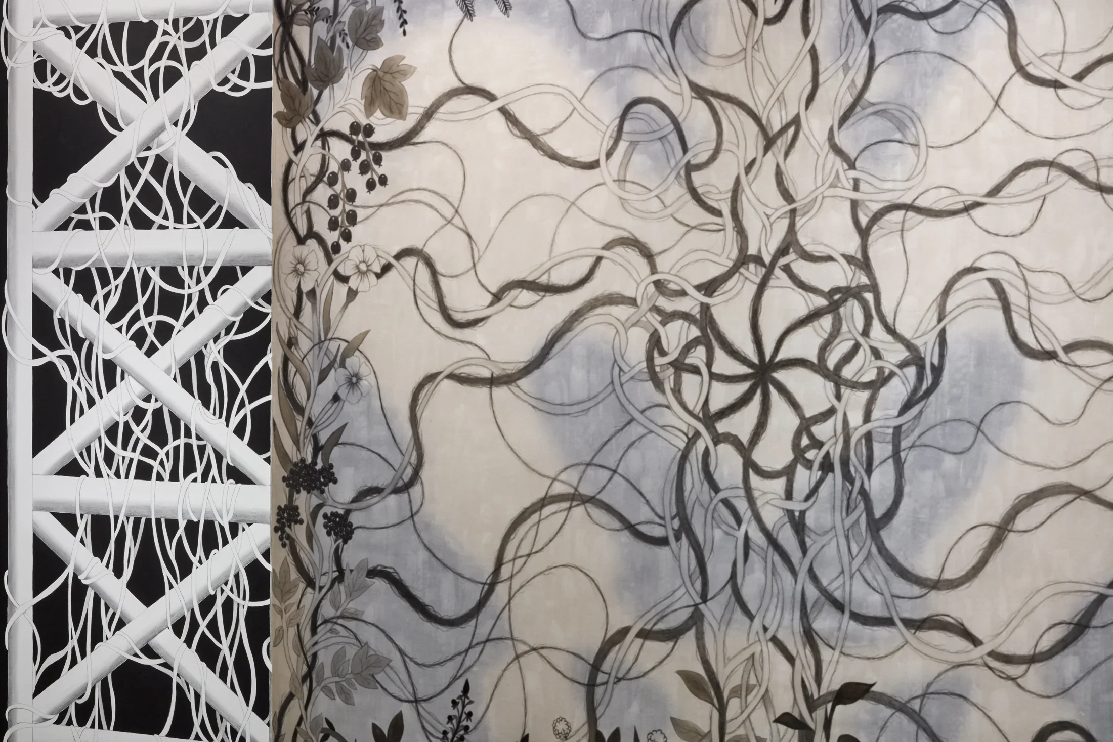 Detail view of painting with twisted grayscale vines intertwining with a pale blue background. 