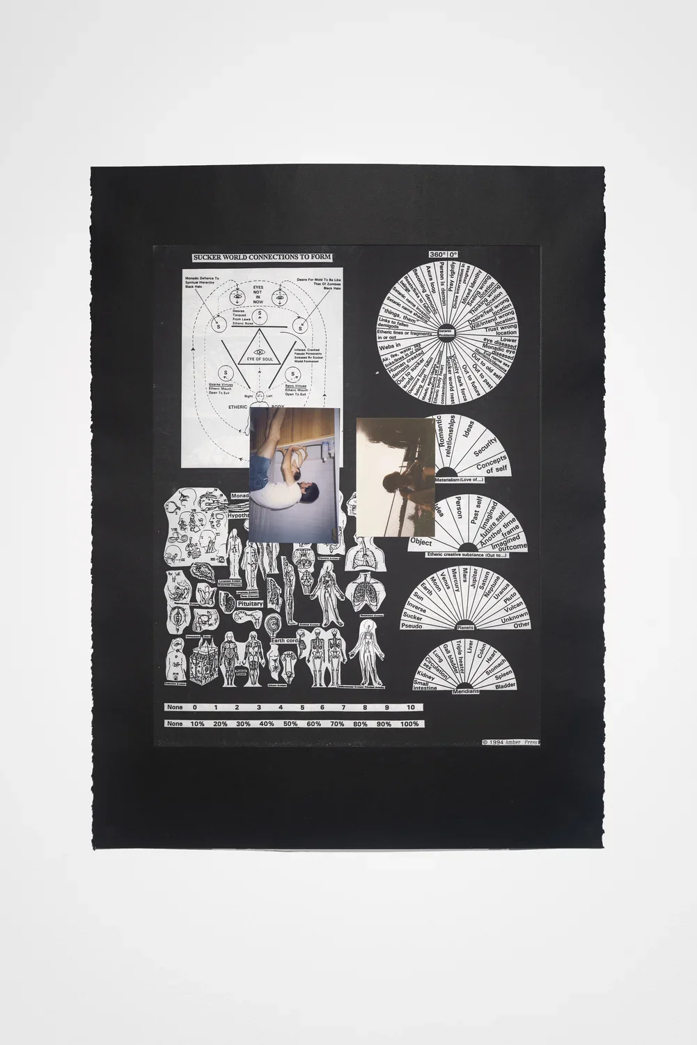 2 rotated color photos of child with an adult, black-and-white charts, diagrams and small anatomical drawings on black paper