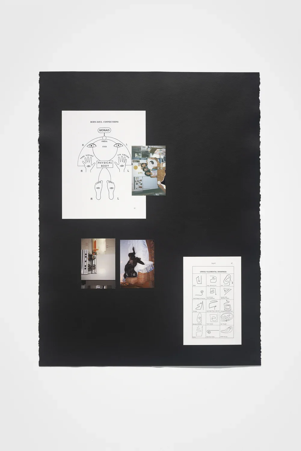 3 color photos, a black-and-white diagram and a chart of “Uniquely Elemental Drawings” assembled on black paper on white wall
