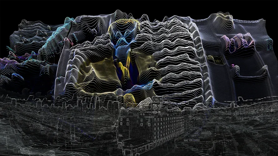 In fine white lines that appear over a black ground like distorted 3D wave forms, a male figure hovers over an urban landscape.