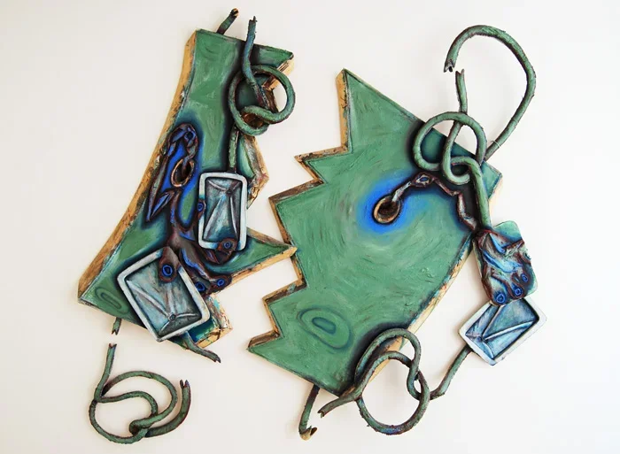 Oil on wood painting with two canvases have jagged, zigzagging edges that imply that they were once a singular form