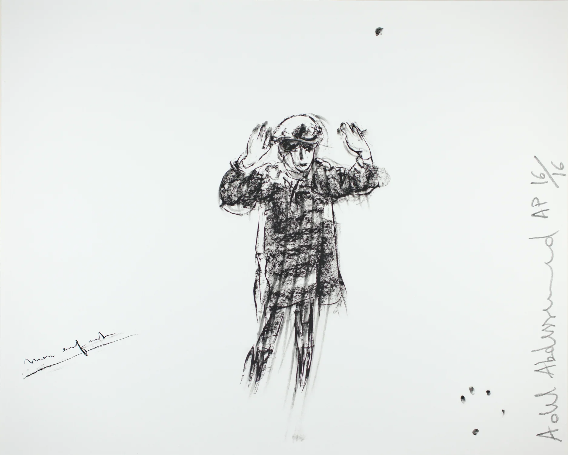 Sketch of a young figure in the center of a horizontal canvas with his hands raised above his head. 