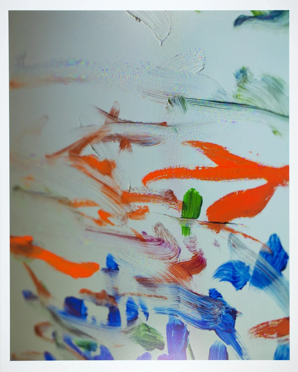 Abstract painting featuring orange brushstrokes, blue dots, and green markings.