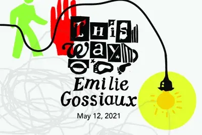 Graphic including a red hand, light bulb suspending from a string and a green figure.