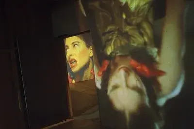Installation view of Dimensions of the Mind featuring an image of a woman projected onto a wall.