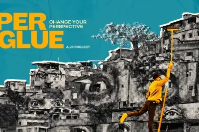 Film poster with a teal background and cartoon looking buildings with faces on them. A person wearing yellow stands on a ladder facing the buildings.