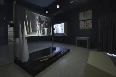 Dark room with two video installations, two paintings of bees on the wall, and cone like shapes in front of one of the videos.