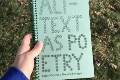 A hand holds out a book reading Alt-Text as Poetry with a light blue background on a grass field.