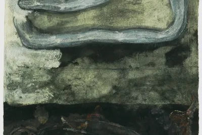 Close up image of a watercolor, gouache, and graphite print