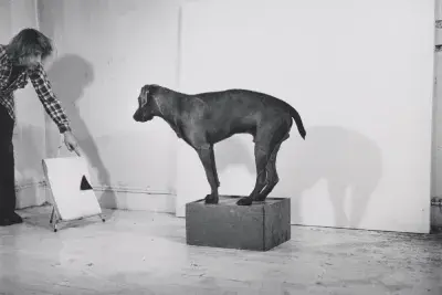 Black and white image of a large dog standing on box with a man in front of him giving him directions