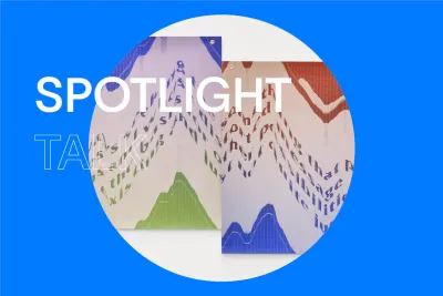 Blue background with a colorful print in a circle in the center with title on the left that reads &quot;Spotlight Talk&quot;