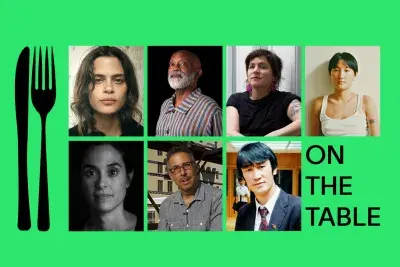 Bright green background with a fork and knife graphic on the left, 7 artists headshots and the program title &quot;on the table&quot; in the lower right.