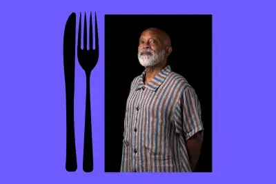 Bright purple background with a simple graphic of a fork and knife on the left and a portrait of a black man with a light colored beard wearing a striped tunic.