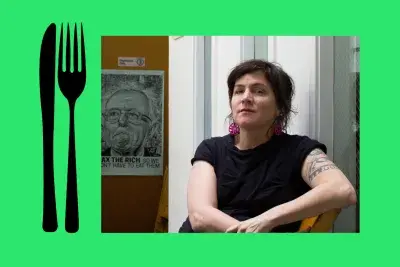bright green background with a black fork and knife icon on the left and a portrait of artist Lexa Walsh on the right.