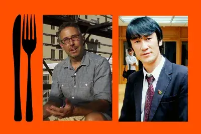 Red background with a black fork and knife graphic on the left and two vertical portraits of participating artists side by side on the right.