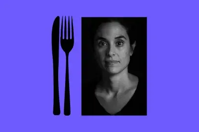 Bright purple background with a black for and knife graphic on the left and a vertical headshot of artist  Asunción Molinos Gordo in black and white on the right.