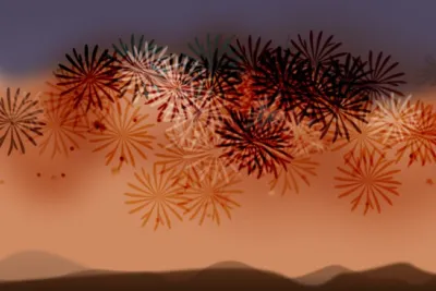Video still with a light orange background and animation that resembles fireworks in the sky.