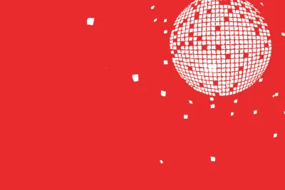 Bright red background with a white disco ball graphic in the upper right that has small squares falling out of it that look like confetti. 