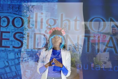 Video still with a blue background and text that reads &quot;Spotlight on Residential&quot; and a woman wearing a white blazer and blue hair in the center with her hands together.