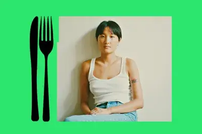 Bright green background with a black fork and knife graphic on the left and a portrait of artist TJ Shin on the right wearing a white tank top with her hands in her lap.