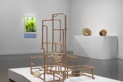 Installation view of a blush toned sculpture with resin-coated tube-like shapes that form rectangles and intersect with one another. Four glass blob-shaped sculptures hang along the tubing.