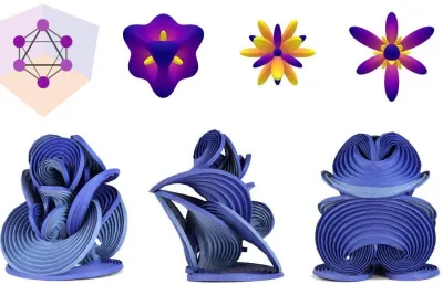 Collage of purple and blue atom sculptures and graphics.