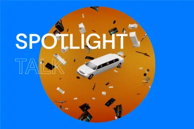 Blue background that reads "Spotlight Talk" with an image of a video still inside of a circle with an orange background and shapes floating around such as a white limousine and computer parts.