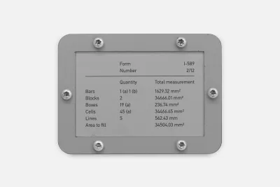 A grey steel plaque reads “Form I-589, Number 2/12” with quantities and total measurement of “bars,” “blocks,” “boxes,” and other bare forms listed in simple black sans serif typeface.