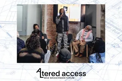 A light blue architectural blueprint in the background reads: Altered Access Max Wasserman Forum. Event logo features a tilted A that extends into the shape of an L forming the first two letters of the word Altered. Overlaid on the background, an image of a black man with locks standing, holding a microphone. He’s surrounded by a small crowd of people, all seated in chairs