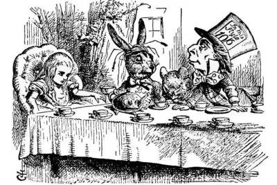 Black and white graphic image of a scene from Alice in Wonderland with the main characters sitting at. along table with cups of tea.