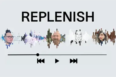 A series of five portraits in the shape of audio graphs are in the center of the image. There are three black button icons below: a rewind, play, and fast forward button. The text above the central image reads &quot;REPLENISH&quot;.