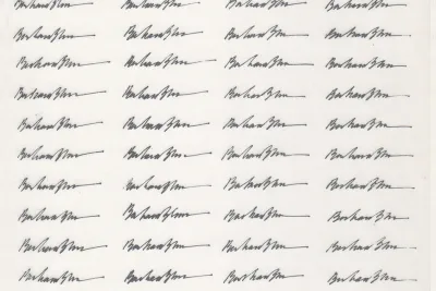 A piece of off-white paper with four columns of signatures written in black pen. There is a thin black border around a heading at the top that reads&quot;Letraset&quot;.