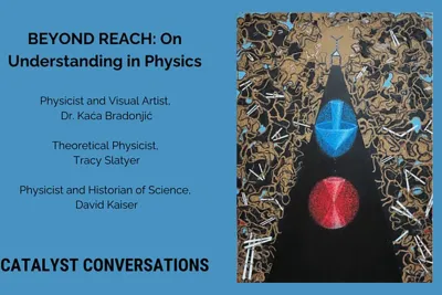 Infographic for the Catalyst Conversations. The text reads &quot;BEYOND REACH: On Understanding in Physics. Physicist and Visual Artist, Dr. KacaBradonjic. Theoretical Physicist, Tracy Slatyer. Physicist and Historian of Science, David Kaiser. CATALYST CONVERSATIONS&quot;
