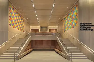 Image of Bring me the sunset in a cup by Spencer Finch installed at the MIT Stephen A. Schwarzman College of Computing.