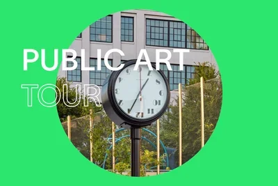 Bright green background with white text that reads "Public Art Tour." In the center, there is a round image of a black freestanding clock with a restrained modern design.