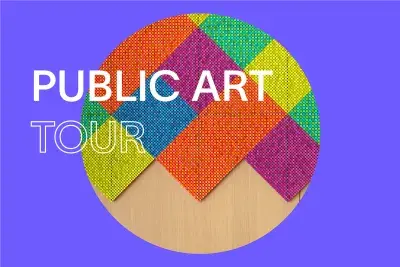 Bright purple background with white text that reads "Public Art Tour." In the center, there is a round image of the detail view of Bring me the sunset in a cup by Spencer Finch installed at the MIT Stephen A. Schwarzman College of Computing.