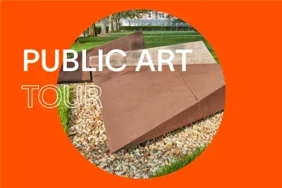 Bright red background with white text that reads "Public Art Tour." In the center, there is a round image of Corten steel sculpture surrounded by pebbles on a lush green grass.
