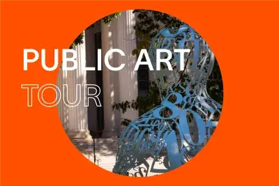 Bright red background with white text that reads "Public Art Tour." In the center, there is a round image of White sculpture of a figures head and shoulders made of lots of letters and numbers with white space.