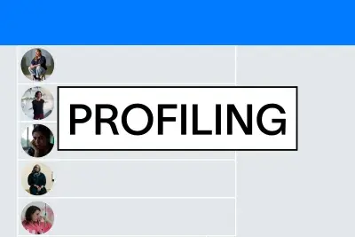 Visual graphic created to echo a Facebook page with a blue bar across the top, a gray background and five circle shaped images of artist headshots. The text reads &quot;PROFILING&quot; in large black letters in a white box with a black border at the center of the image.