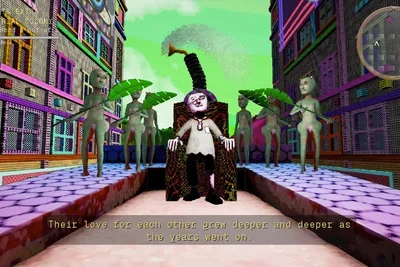 In a digitally rendered cityscape, an older man with crooked glasses sits on a kind of throne, which appears to be emitting sound or smoke. He is flanked by six naked alien-like figures, who fan him with giant leaves. Perhaps this scene occurs on a roof: the background is filled by colorful multistory buildings and a sickly green sky. At the bottom of the screen, text reads, “Their love for each other grew deeper and deeper as the years went on. ”The upper left corner indicates the name of the neighborhood,