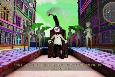 In a digitally rendered cityscape, an older man with crooked glasses sits on a kind of throne, which appears to be emitting sound or smoke. He is flanked by six naked alien-like figures, who fan him with giant leaves. Perhaps this scene occurs on a roof: the background is filled by colorful multistory buildings and a sickly green sky. At the bottom of the screen, text reads, “Their love for each other grew deeper and deeper as the years went on. ”The upper left corner indicates the name of the neighborhood,