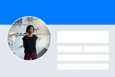 Visual graphic created to echo a Facebook page with a blue bar across the top, a gray background and the artist headshot image for Lauren Lee McCarthy in the shape of a circle on the left hand side.