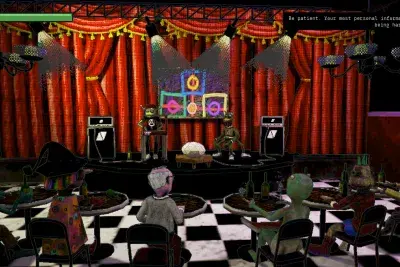 A digitally rendered view of a people sitting at tables in front of live musicians performing on a stage with a red curtain behind. The text reads &quot;Be patient. Your most personal information is being harvested.&quot;